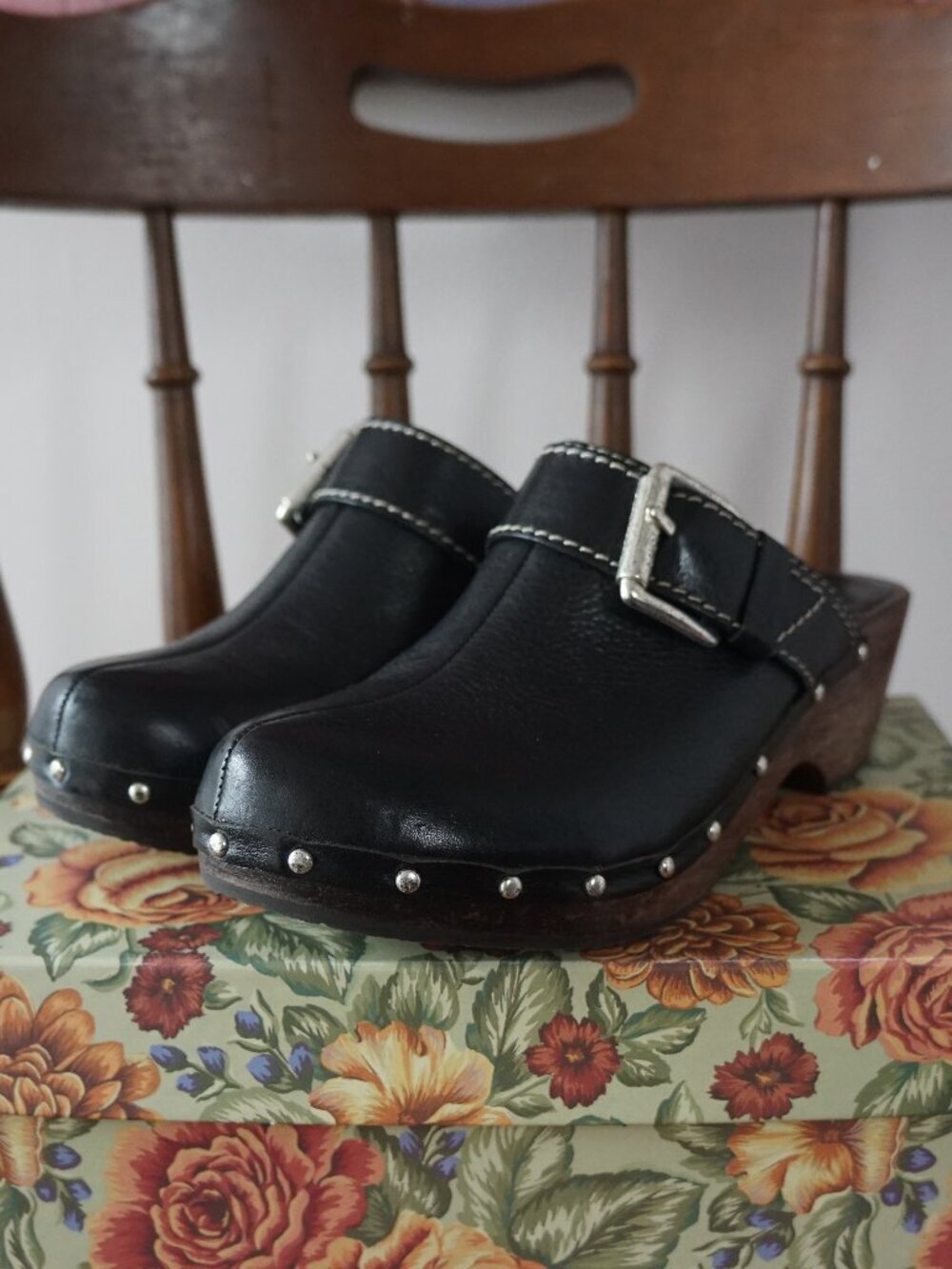 Michael Kors Black Genuine Leather Studded Clogs Mules
